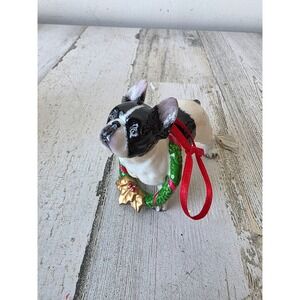 DNC porcelain Boston terrier puppy dog ornament wreath Xmas tree